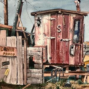 CHARLES FAUST WATERCOLOR / Masterful 1953 Painting / LIVING IN A CABOOSE / Large